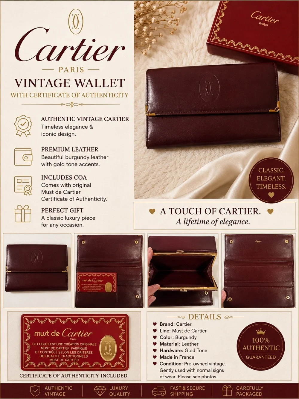 Cartier Burgundy Leather Card & Key Holder with Gold Accents